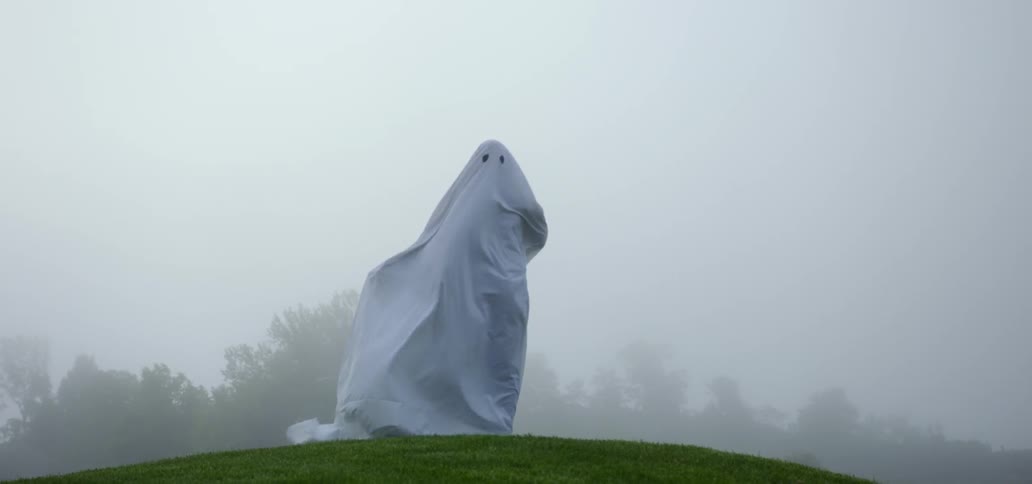 A person dressed as a ghost stands at the top of a hill on a foggy day at sunset