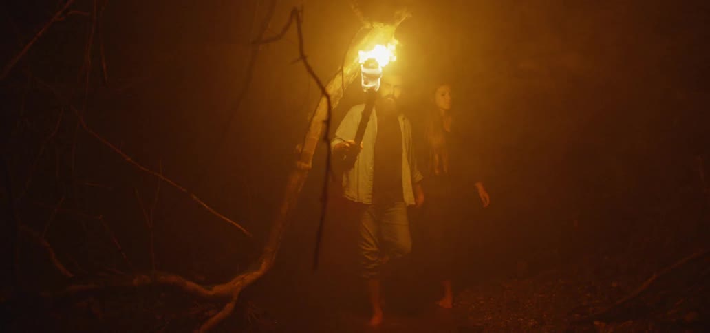 Couple Walking Through Woods Carrying A Torch
