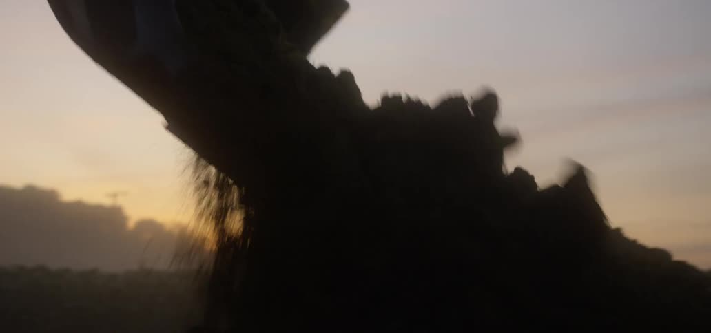 A tractor is scooping up dirt outside at dawn