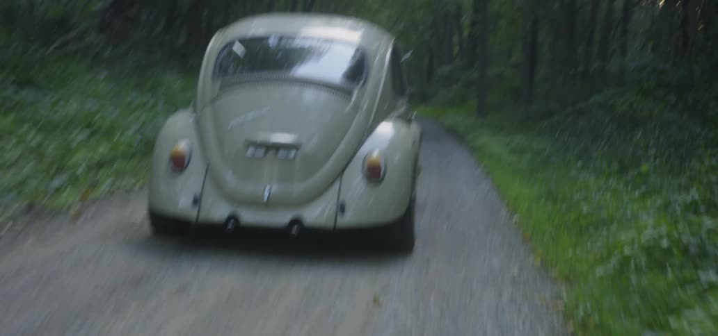A vehicle drives on the dirt road through the dark forest