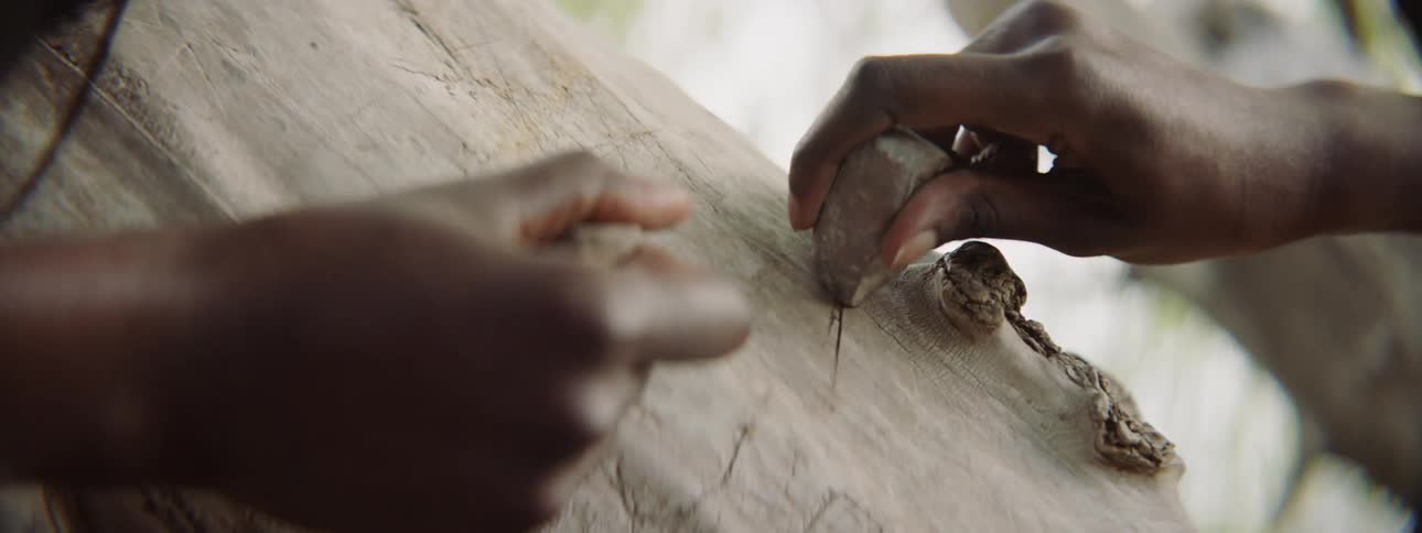 Man and woman use stones to make etchings in a tree trunk