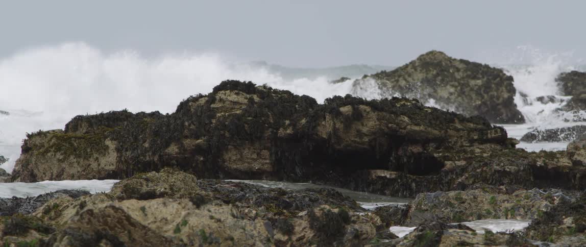 Ocean waves crash into a rocky shore