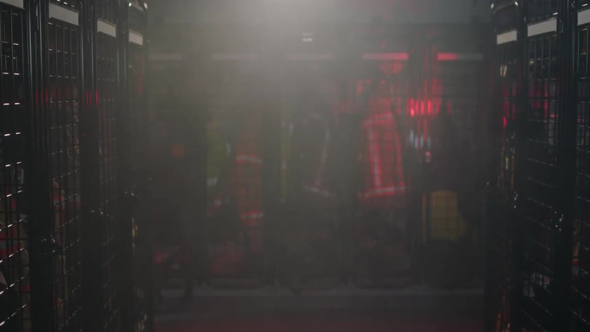 A firefighter locker room with blinking lights