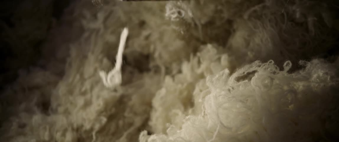 Small pieces of wool fall down to join a large mass of wool