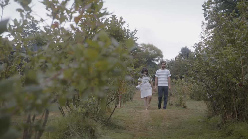 A couple walking through a field surrounded by shrubs