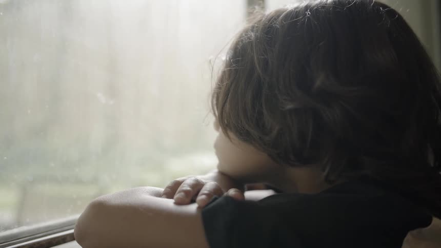 Child looks out the window on a sunny day