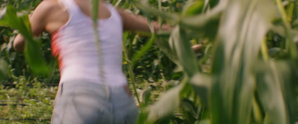 A bloody woman running in a corn field