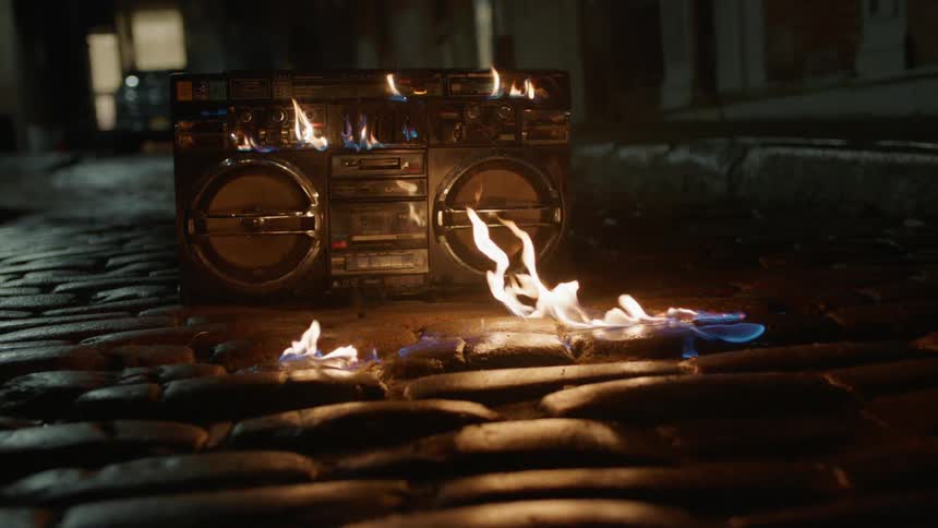 Stereo on fire outside
