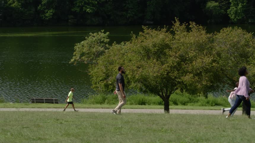 Man flies kite with family in park