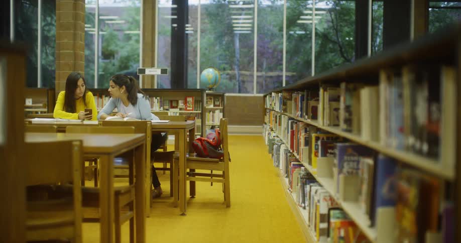 Two women talk while sitting in a library