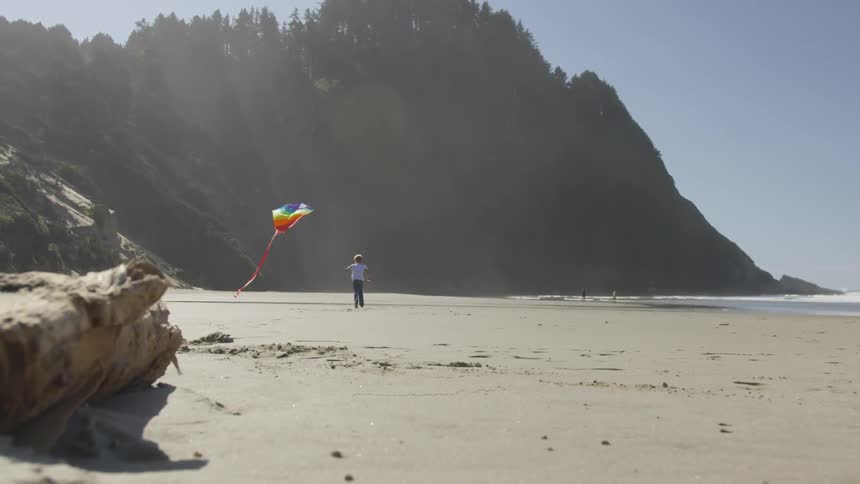 A boy running along the beach flying a kite