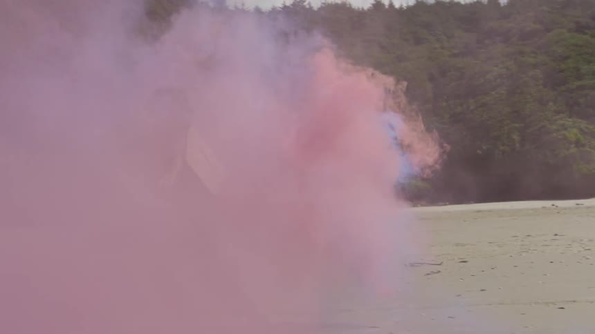 A child runs through pink smoke outside