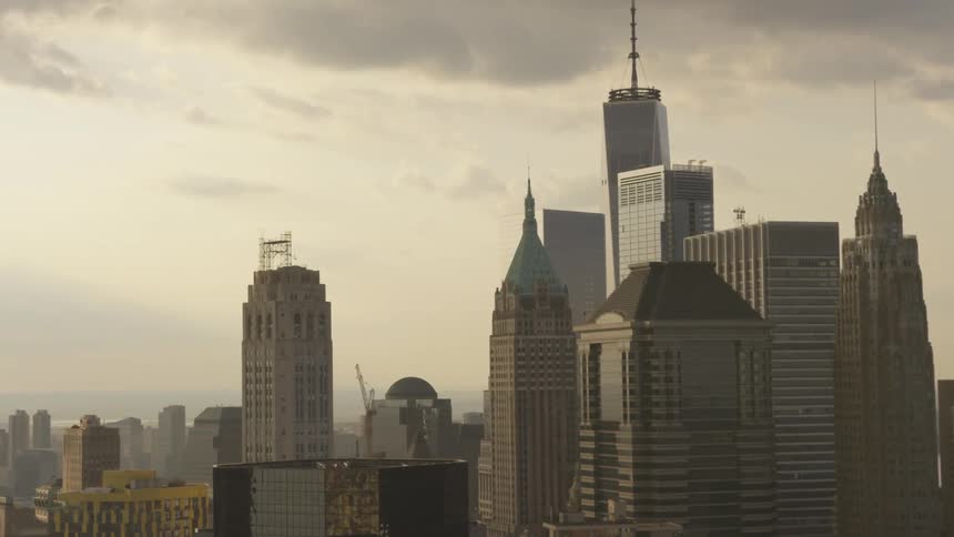 The skyline of a city's downtown on a cloudy day