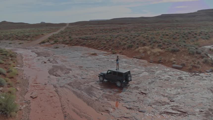 A person stands on top of a land rover and looks around a desert
