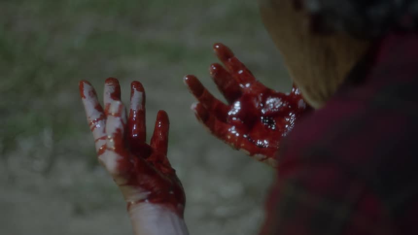Man looking at his bloody hands in disbelief