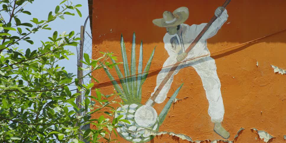 A mural is painted on the side of an orange building