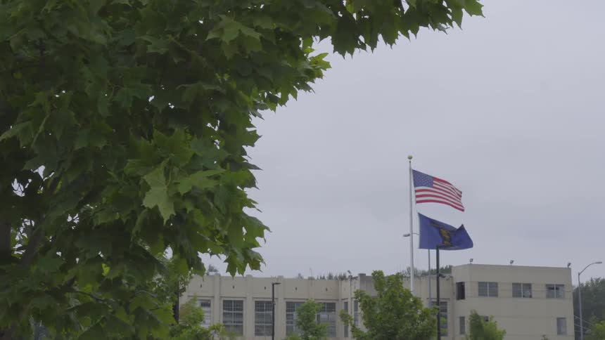 Trees in front of a building with an american flag and a blue flag blowing in the wind
