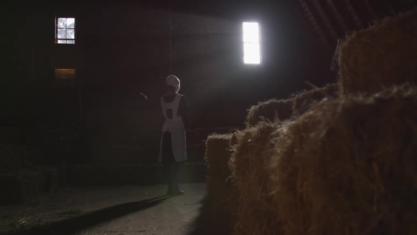 A woman standing in a dark barn