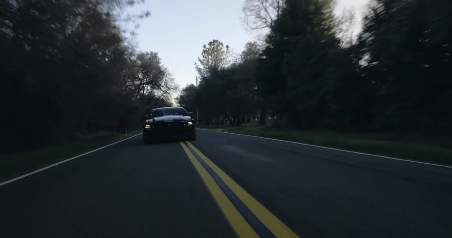 Car driving down a small road with trees on both sides