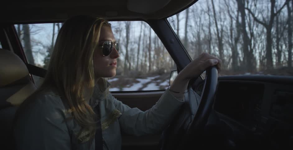 A vehicle interior view of a woman driving a car on a road in the fall