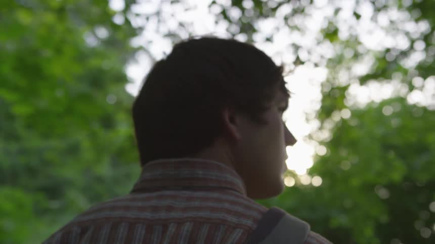 A man walking looks at the trees