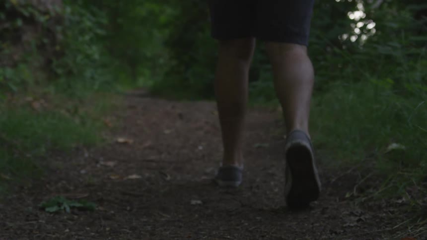 A man in sneakers and shorts is walking on a path through the woods