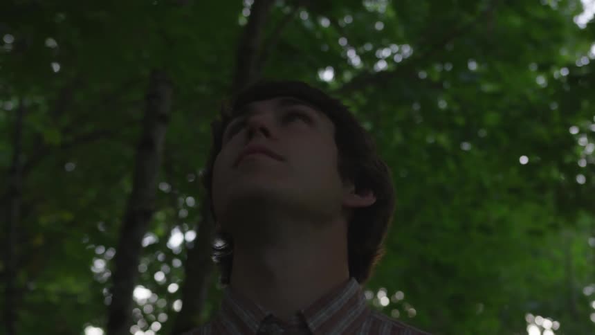 A man looking around the forest
