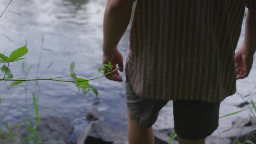 Person walking down a path to a river