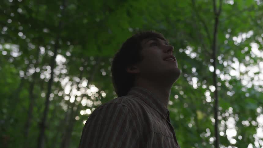 Man walks in dim forest