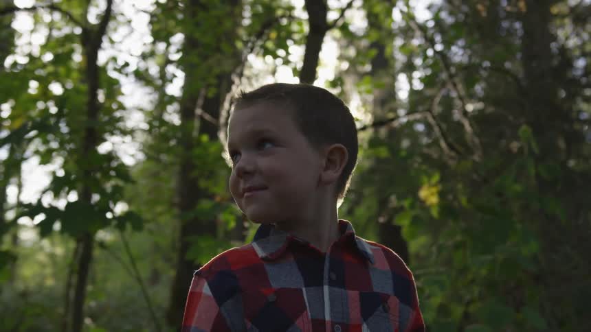 Boy looking around the woods