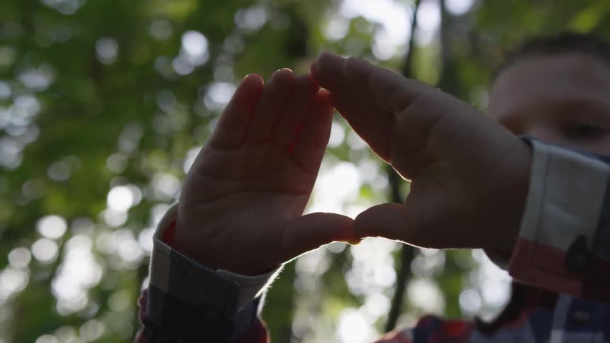 Child makes triangle shape with hands in forest