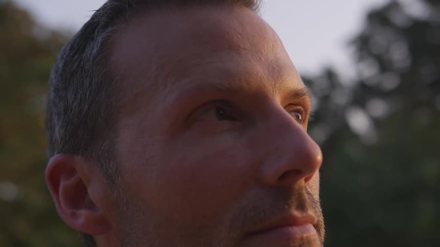 A man turns his head and looks up at the trees on a sunny day