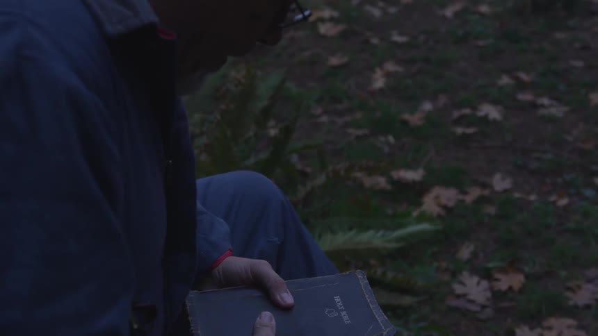 Man Reading Bible In Forest
