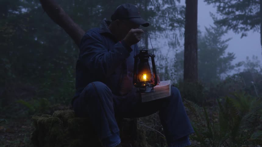 Man Reading Bible In Forest