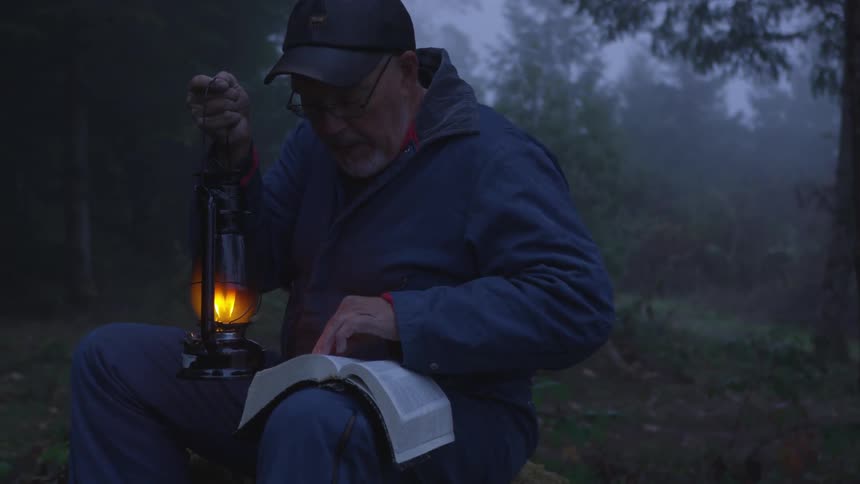 Man Reading Bible In Forest