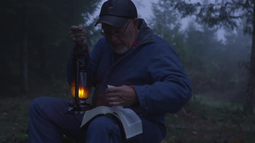 Man Reading Bible In Forest