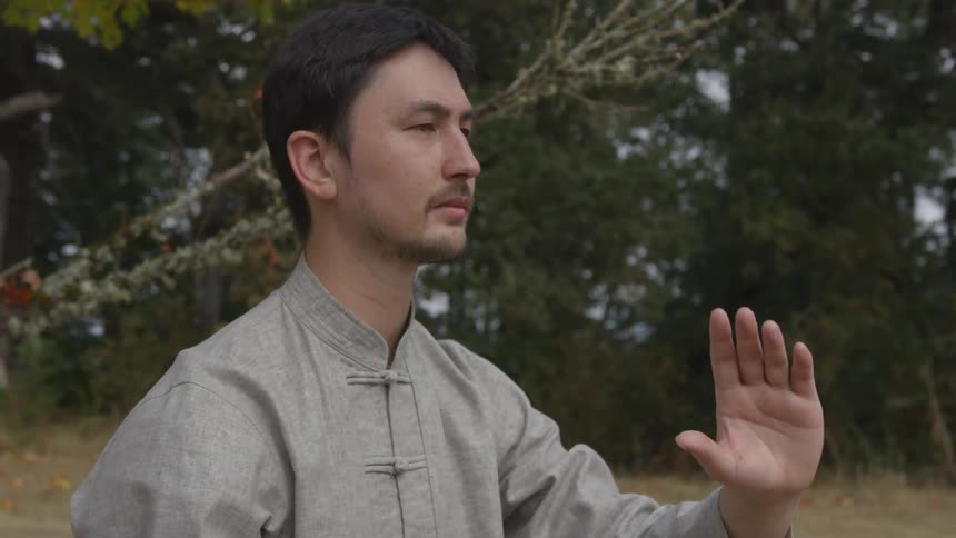 Man Practicing Asian Fighting Techniques