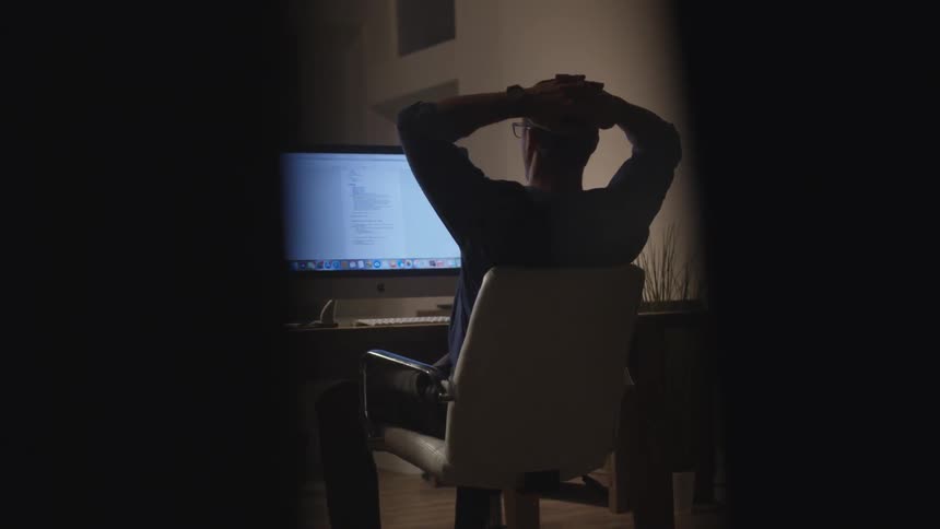 Man Working Office At Night