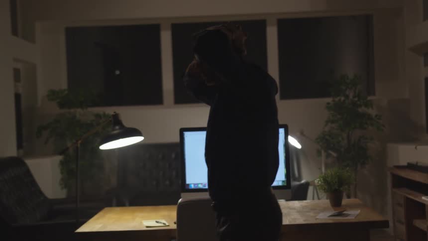 Man Working Office At Night