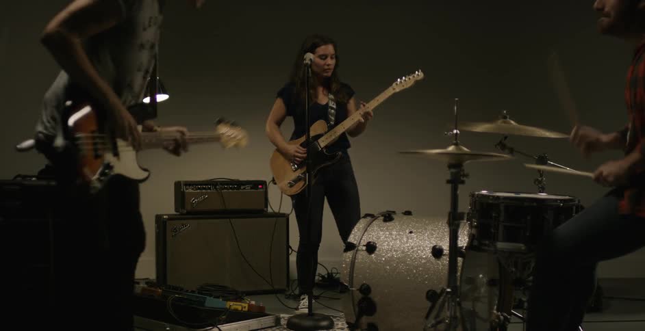A band playing together with guitars and drums