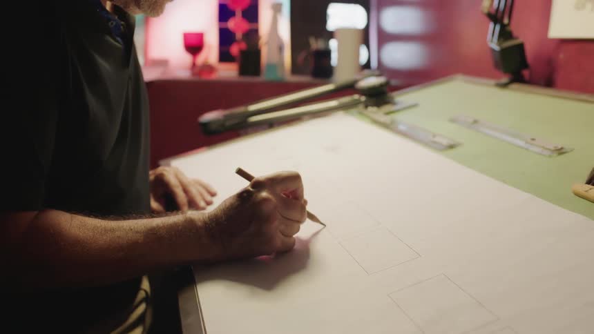 Man working on a sketch on drafting table