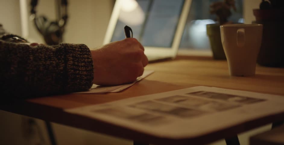 A person sitting at a desk writing on paper