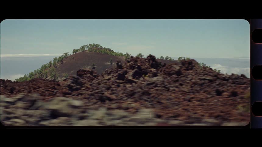 Mountain region with trees shot out of a driving car