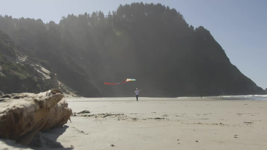 A solitary person stands on a secluded beach and effortlessly glides a colorful kite above their head