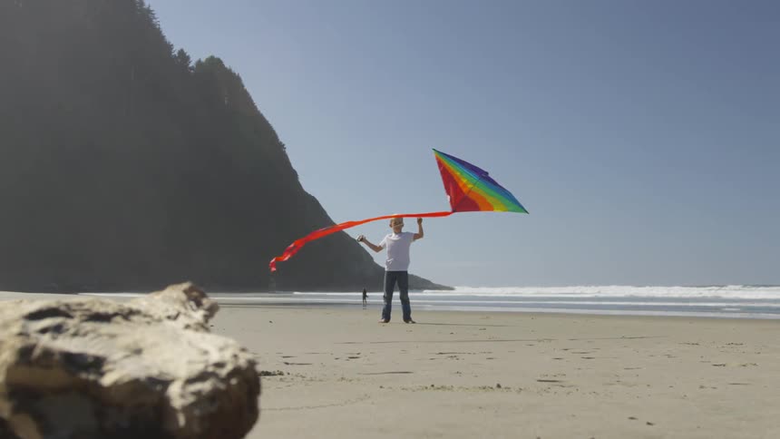 A young boy flies a brightly colored kite on the beach on a sunny day