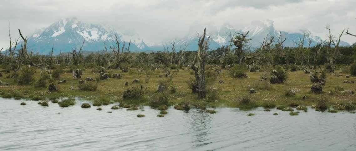 View of water rippling with a field and mountains in the background
