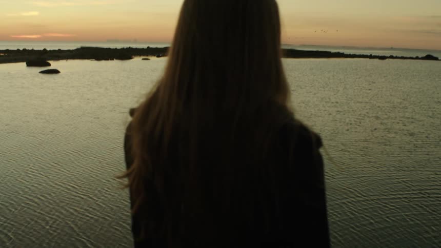 A woman stands before a large body of water at sunset