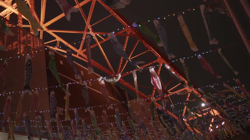 Flags line a large metal structure at night
