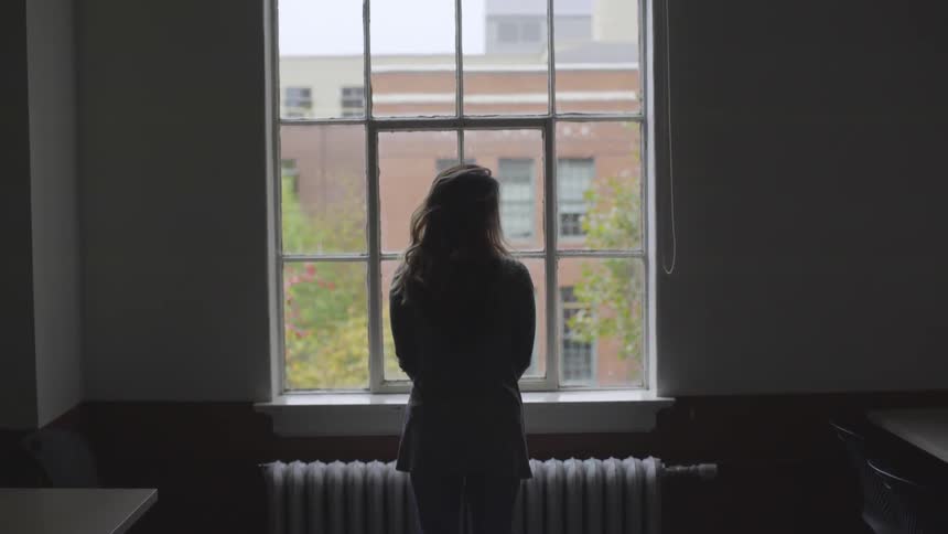 Woman looking through a window