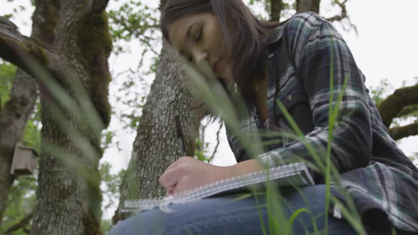 An asian girl sitting outdoors next to a tree while writing in a spiral notebook